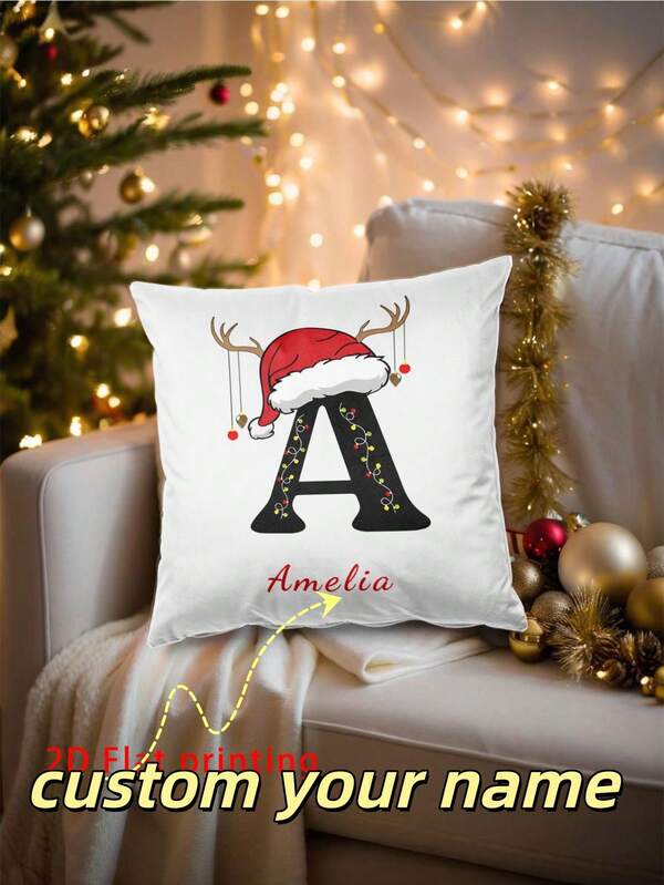 1pc Personalized Christmas Hat Print Pillow Case With Name, Suitable For Adults And Children, Fashion Home Decor, Birthday And Christmas Gift For Parents, Friends And Family