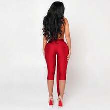 Women's Shiny Sexy Halter Backless Ribbon Tight High Waist Seven-Inch Pants Jumpsuit - 紅色 - 查看 2