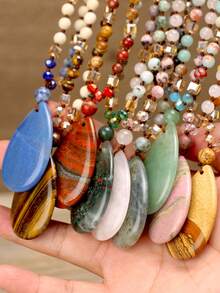 Dây chuyền thắt nút thủ công 108 hạt đá Aventurine, Rhodochrosite, Sodalite & Labradorite với mặt dây chuyền hình giọt nước lớn, trang sức đá tự nhiên phong cách Bohemian, món quà đặc biệt cho năm mới. - Nhiều màu - Xem 5