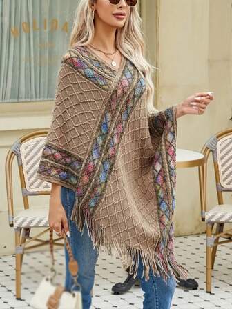 1pc Women's Elegant Poncho, Solid Color Knitted Hollow Tassel Shawl, High-Quality Warm Outerwear, New Versatile Cloak Sweater, Suitable For Daily Wear For Dress