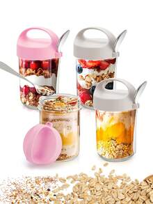 1pc Overnight Oats Container (With Spoon And Lid), 1pc Yogurt Bottle, Airtight Glass Food Storage Jars, Breakfast Yogurt Cup, Cereal Container, Cup, Glass Containers, Storage Jars, Dust-Proof And Leak-Proof, Lid With Handle - Multicolor - View 12