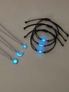 ATLVXJL Set de 6 piezas con pulsera luminosa con sol, luna y estrella y collar con colgante de sol, luna y estrella que brillan en la oscuridad con cadena de acero inoxidable, accesorios casuales adecuados para uso diario y como regalo para amigas y familiares