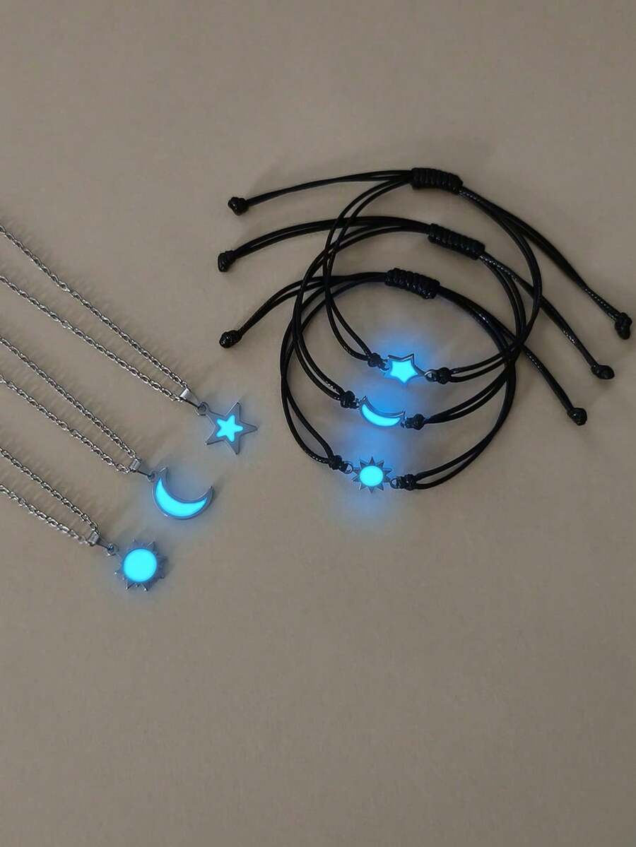ATLVXJL Set de 6 piezas con pulsera luminosa con sol, luna y estrella y collar con colgante de sol, luna y estrella que brillan en la oscuridad con cadena de acero inoxidable, accesorios casuales adecuados para uso diario y como regalo para amigas y familiares