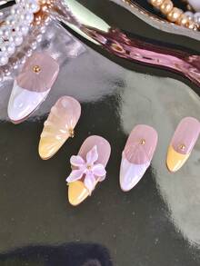 10 pezzi Unghie finte da donna a mandorla, punte francesi artigianali 3D con decorazioni floreali e gocce d'acqua multicolore, unghie acriliche lucide e complete, set per manicure con colla per unghie, regalo per Natale, feste di compleanno, collezione di unghie natalizie