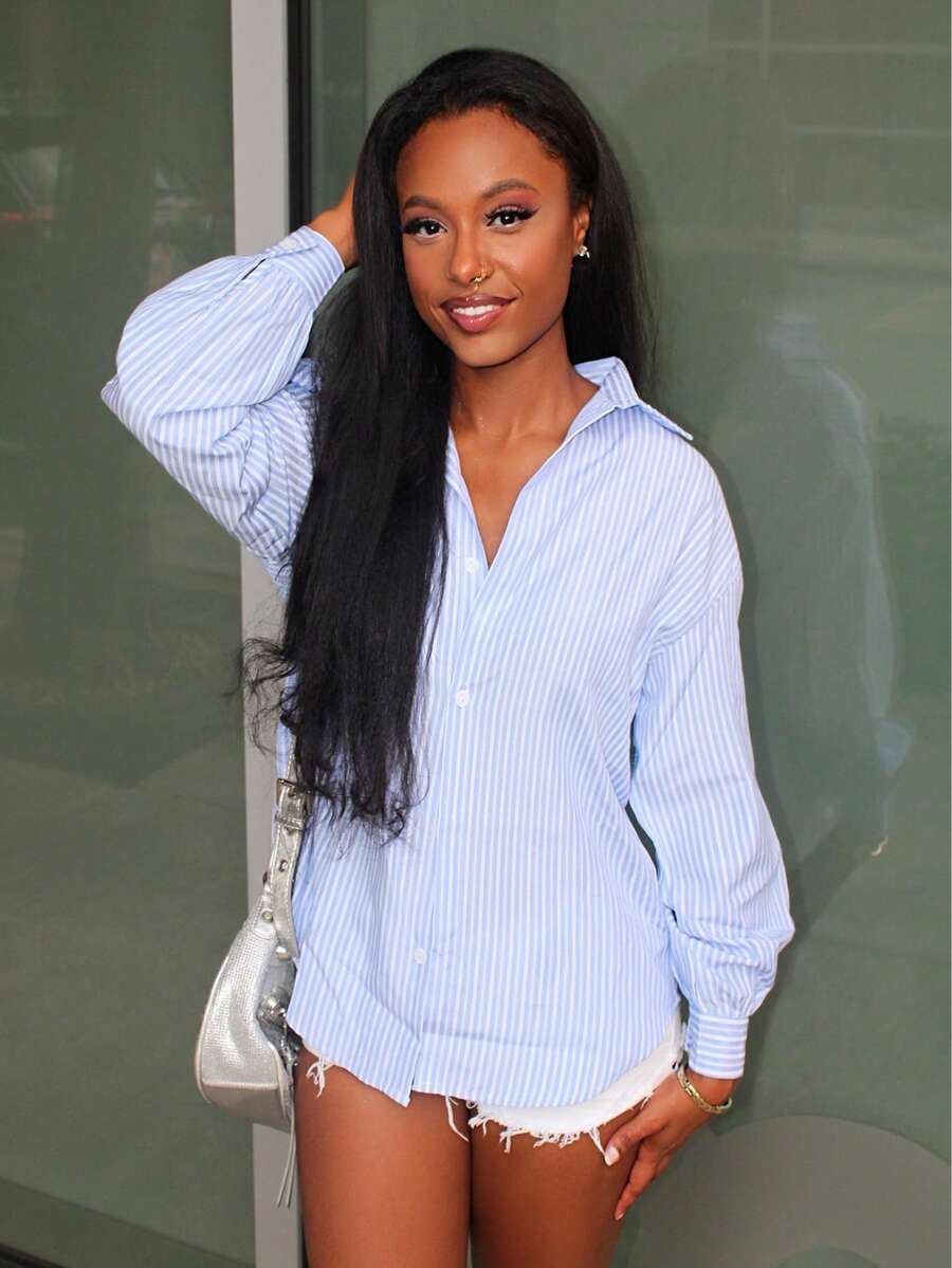 Steph T Striped Drop Shoulder Shirt,Long Sleeve Tops,Fall Clothes Preppy Tops - Blue - View 1