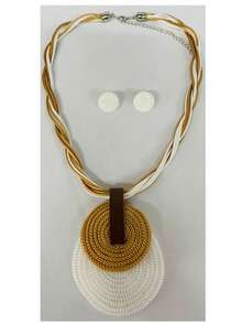 Braided Wire Necklace Set With Double Pendant + Resin Button Earrings – Sophistication In Every Detail. - White - View 4
