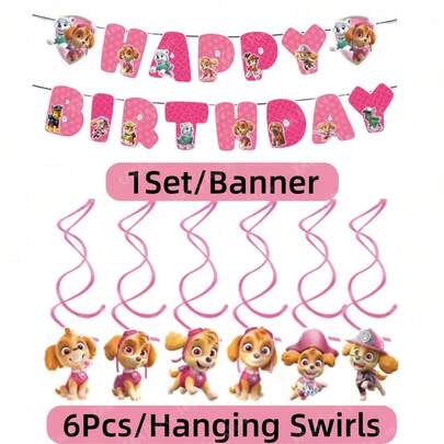 Skye Paw Patrol Birthday Decoration Pink Theme Paper Banner And 6 Hanging Swirls For Kids Girls Baby Shower Party Supplies Set