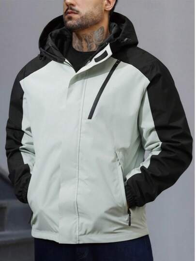 1pc Men's Patchwork Color Block Hooded Jacket, Black, Suitable For Casual Daily And Outdoor Travel, Autumn/Winter Outerwear