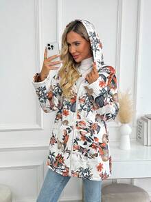 هودي سحاب مطبوع بطبعات الأزهار والأوراق والنباتات، للارتداء اليومي العادي