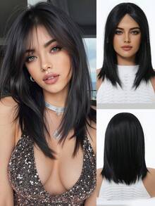 5-Star Recommended 14-Inch Elegant Mid-Length Straight Black Wig With Bangs - Rose Net Cap, Heat-Resistant Synthetic Fiber, Women's Wig Suitable For Daily, Party, Cosplay, Halloween And Other Occasions - màu đen - Xem 3