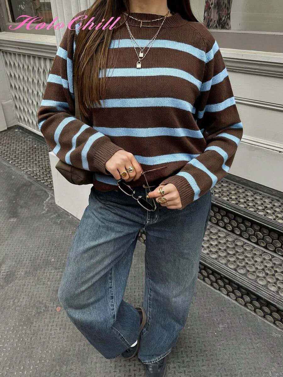 Jersey de punto con cuello redondo y rayas de contraste, estilo casual de influencer joven, estilo Holochristmas, otoño/invierno 2025