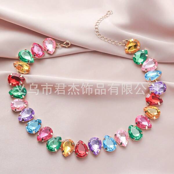 1 pieza Collar con colgante de corazón y gota de cristal de vidrio colorido y glamoroso para fiesta, las pequeñas imperfecciones en la superficie vidriada son normales