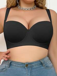 MIMILEMON Plus Size Seamless Black Bra, Smooth Minimalist Wide Strap Comfortable Lift And Support Bra - Black - View 3