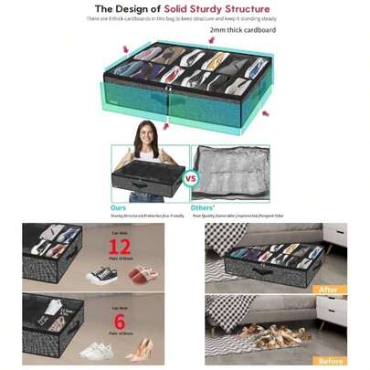 Sturdy Under Bed Shoe Storage Organizer, Set Of 2, Fit 12 To 24 Pairs, Underbed Shoes Closet Storage Solution With Window, Breathable, L29.3x W23.6x H5.9 Linen - Like Black, MXAUBSB2P