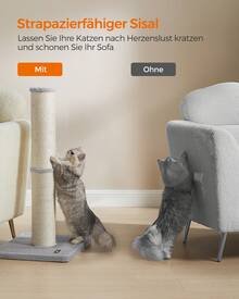 Kratzbaum, 85 cm hoch, Kratzsäule XL, 13 cm Dicker , Katzenbaum, Kratzstamm für mittelgroße und große Katzen, Sisalstamm, mit Plüschball und Glocke - Taubengrau - Übersicht 3