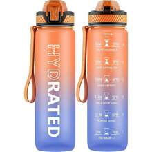 Bottle With Straw, 32oz Sports Motivational Bottle With Time Markings To Drink Carry Strap Clean Brush, 1L, Tritan, LeakProof Women Men Gym Fitness Outdoor 1 Pack