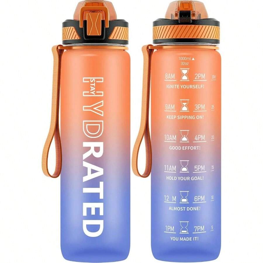 Bottle With Straw, 32oz Sports Motivational Bottle With Time Markings To Drink Carry Strap Clean Brush, 1L, Tritan, LeakProof Women Men Gym Fitness Outdoor 1 Pack