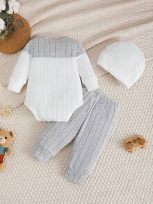 3pcs Newborn Baby Boy Colorblock Bodysuit + Pants + Hat Set, Suitable For 0-18 Months - Light Grey - View 2