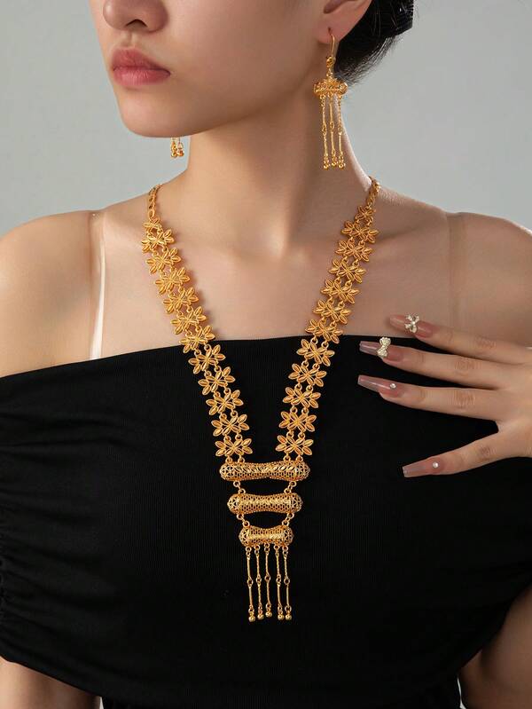 مجموعة 3 قطع من المجوهرات النسائية المطلية بالذهب عيار 24 قيراط من سبيكة النحاس على الطراز الإماراتي، مجوهرات عربية سعودية