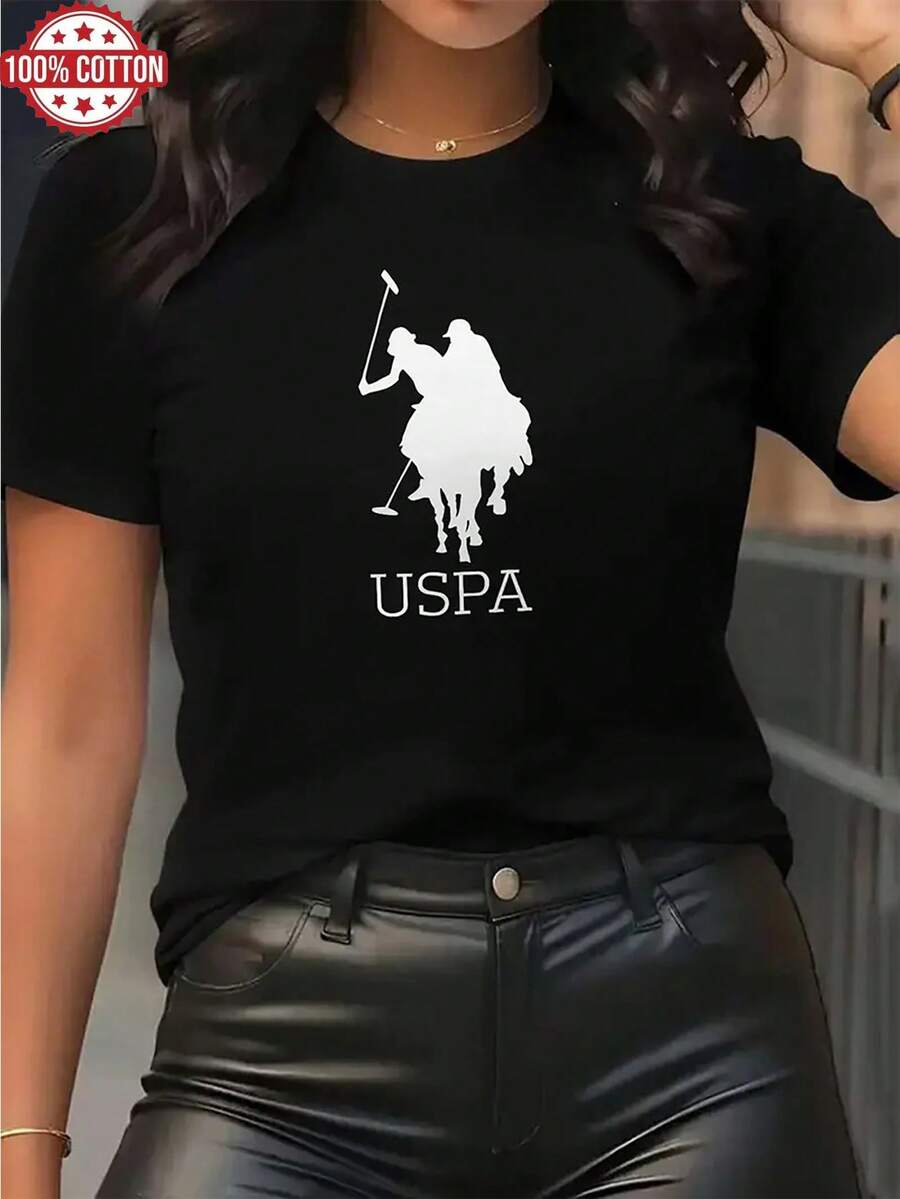 1PC 100% Cotton USPA Horse Riding Graphic Design Printed Relaxed Fit Women's Short Sleeve TShirt - Negro - Ver 1