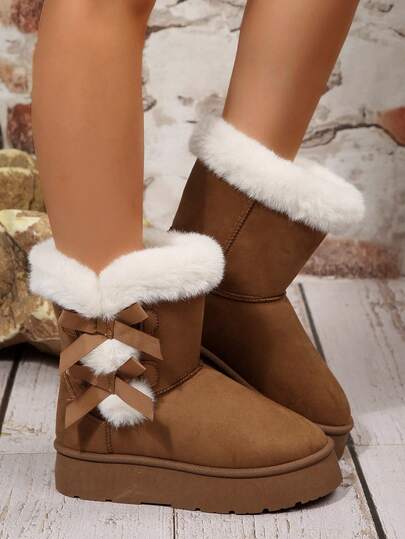 2025 Winter New Women's Thick Sole High-Top Snow Boots, Bowknot Elegant Style, Thermal Lined, Casual Ribbon Snow Boots