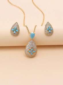 3 件套 18K 镀金水滴形绿松石和方晶锆石耳环项链首饰套装，适合日常佩戴和节日礼物 - 藍色 - 查看 1