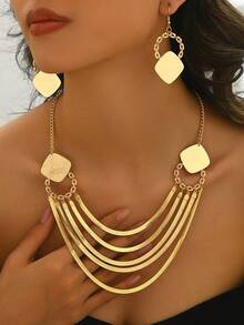 1 套全新创意合金几何方形扁平蛇形链多层流苏项链和耳环首饰套装女士 - 金黃色 - 查看 1