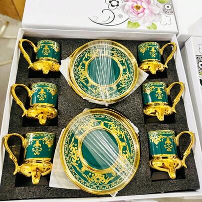 1 Set di tazza da caffè e piattino in ceramica con bordo dorato e decorazione floreale in rilievo, stile arabo, da 90 ml, adatto per cappuccino, latte, mocaccino, latte, doppio espresso, elegante decorazione per casa, ufficio, cucina, regalo perfetto per Natale, San Valentino, laurea - regalo per lei/lui