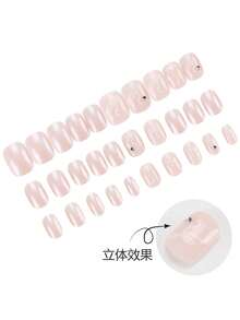 30片方形短指甲贴纸/乳白色蝴蝶结印花水钻美甲贴纸，甜辣美甲，完美贴合，包含1瓶甲油胶和1把指甲锉，适合女性秋冬季日常工作、学习和派对美甲。 - 彩色 - 查看 4