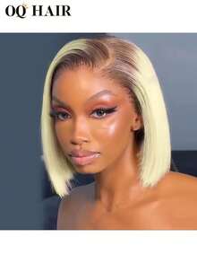 OQ 戴上无胶假发，深棕色发根，渐变浅灰金色，直发鲍勃，真人发短发，6x4 透明蕾丝前假发，假发材料，180% 密度，10-14 英寸，预剪和预拔真人发假发，隐形蕾丝，透气蕾丝，快速发货，礼品，旅行必备，节日婚礼，圣诞节，万圣节，旅行必备，Y2K，变坏人，假期，女士度假 - S5/613/24 - 查看 1