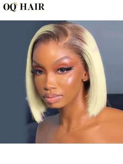 OQ Hair Wear And Go Glueless Wig Dark Brown Roots Ombre Light Ash Blonde Color Straight Bob Human Hair Short Hair 6x4 Transparent Lace Front Wig Hair Stuff 180% Density 10-14 Inch Pre-Cut & Pre-Plucked Human Hair Wig Invisible Lace Breathable Lace Quick Ship Items Gifts Travel Essential Holiday Wedding Christmas Halloween Travel Essentials Y2K Turn Up Baddie Holiday Vacation For Women