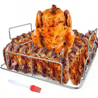 Beercan Chicken Roaster and Rib Rack with a Silicone Oil Brush, Square Stainless Steel BBQ Stand Smoker, Oven and Grill, Cook Up to 4 Ribs and a Whole Chicken at a time