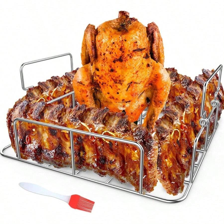 Beercan Chicken Roaster and Rib Rack with a Silicone Oil Brush, Square Stainless Steel BBQ Stand Smoker, Oven and Grill, Cook Up to 4 Ribs and a Whole Chicken at a time - inicial - Ver 1