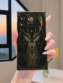 1pc Fashionable Gold Medal Deer Pattern Black Straight Edge Shockproof Protective Phone Case, Suitable For Men And Women, Ideal Choice For Fashion Enthusiasts, Minimalist And Stylish Design Compatible With Apple/Infinix/Vivo/OPPO