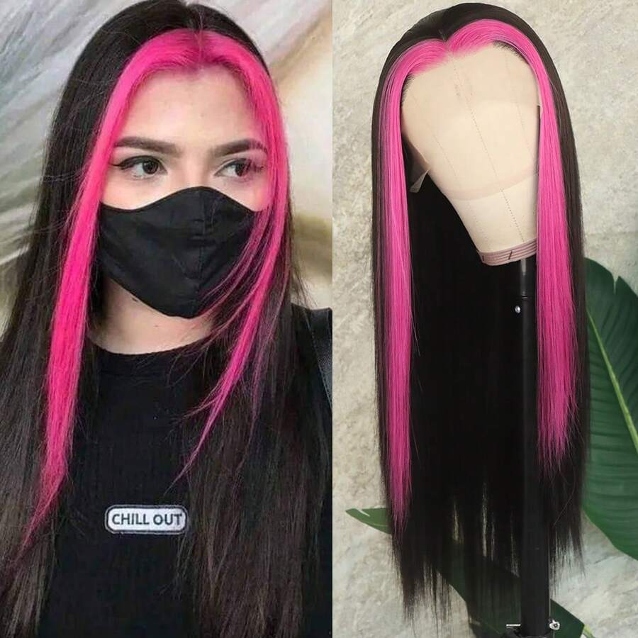 13X4 Pink & Brown Lace Front Wigs Pre Plucked Soft Free Part Long Straight Wigs Glueless Pink Skunk Stripe Wig Wear And Go Wig Heat Resistant Fiber Hair Synthetic Lace Front Wigs For Fashion Women For Daily Christmas Party Cosplay Use - 挑染紅色 - 查看 1