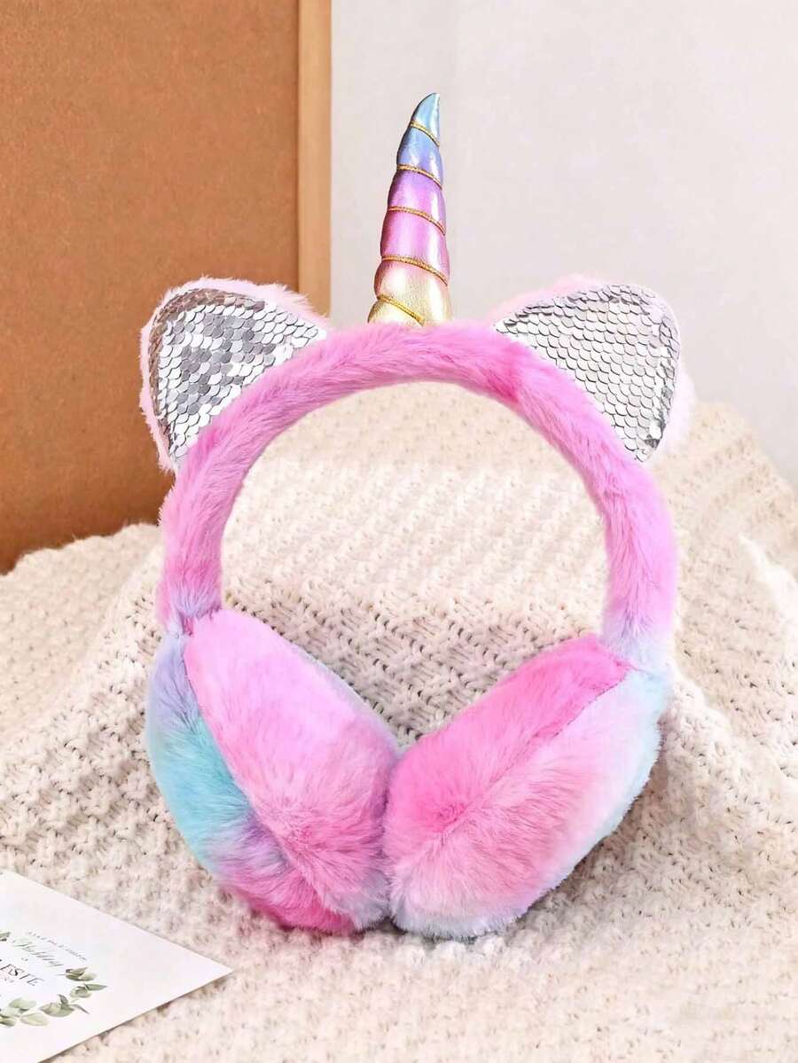 1pc Kids Warm Ear Muffs, Winter Ear Warmers With Faux Rabbit Ears, Adjustable & Stretchable (Random Gradient Color) - Pink - View 1