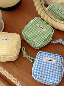 1 pieza Bolsa de cosméticos mini a cuadros de color caramelo para almacenamiento de toallas sanitarias, billetera, bolsa de aseo, bolsa de viaje de gran capacidad para maquillaje para mujeres