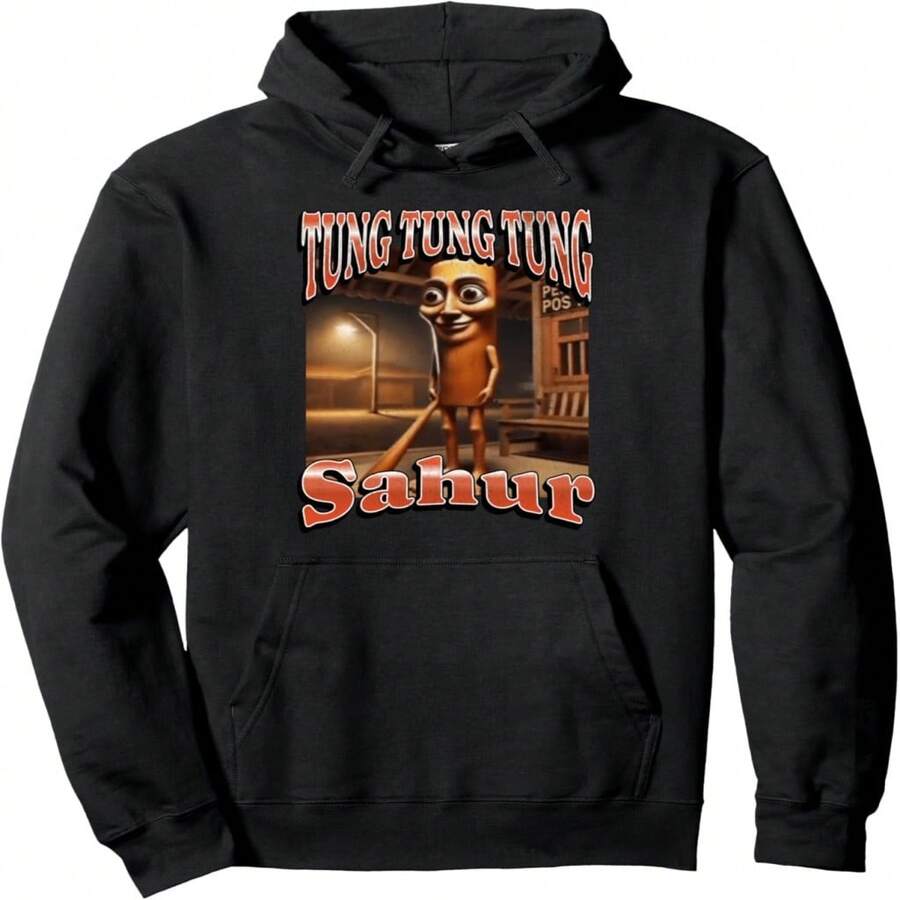 Tung Tung Sahur Funny Italian Brainrot Meme Graphic Pullover Hoodie - 黑色 15 - 查看 1