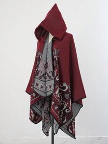 1pc Women's Fashionable Jacquard Hooded Poncho Shawl, Suitable For Daily Wear