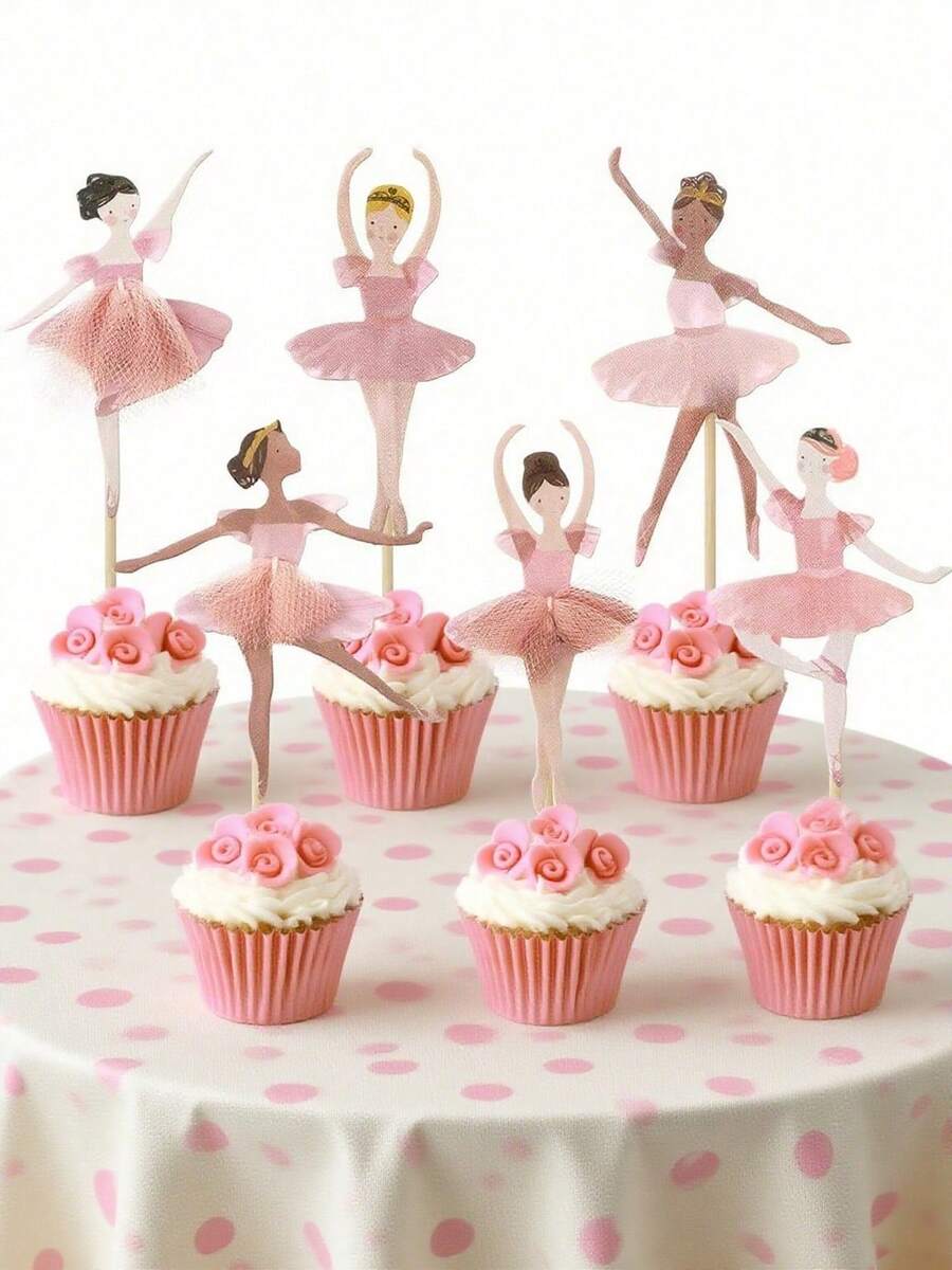 12个芭蕾舞者纸杯蛋糕装饰插牌，彩色芭蕾舞裙女孩蛋糕签，适用于结婚纪念日、生日派对、婴儿派对、派对烘焙用品 - 粉色 - 查看 1