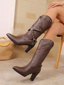 Western Style Holiday Minimalist Fashion Romantic Cute Sexy Versatile Comfortable Affordable Beautiful Handsome Perfect Figure Women's Over-The-Knee Boots, Vacation Outdoor Casual Sports Boots, Tall Boots With Rivet Decor, Brown High Heel Boots