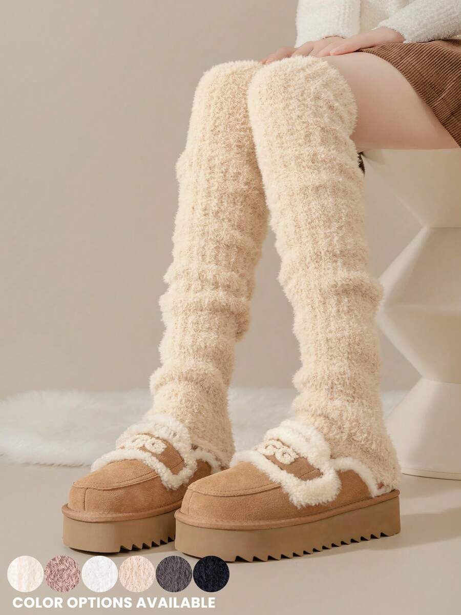 زوج من جوارب الساق الطويلة من الفليس المرجاني، دافئة وسميكة للخريف/الشتاء، حماية للركبة