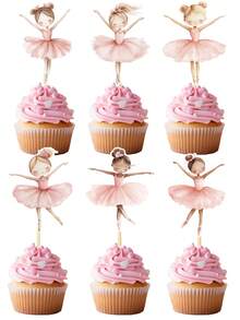 24pcs Pink Ballerina Cupcake Toppers, Watercolor Swan Lake Theme Cake Decorations, Ballerina Tutu Decor, Suitable For Party, Wedding Celebration, Cake Photography Props - View 4