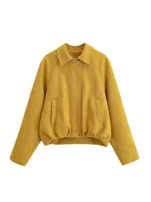 Chaqueta bomber casual de manga raglán con cuello, de unicolor, con bolsillo y cremallera, y forro polar, para otoño/invierno