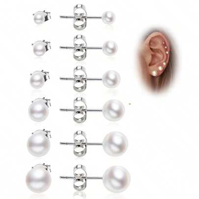 6 Paar Perlen Ohrringe Sets für Frauen: Edelstahl Nickel-frei Perlen Ohrstecker Set, Künstliche Perlen Ohrstecker, kleine und große Perlen Ohrringe für Frauen (3-8MM)