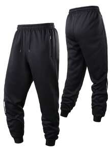 Plus Size Men's Solid Color Printed Knit Jogger Pants, Lightweight Drawstring Casual Outdoor Hiking Travel Running Workout Trousers Sports - Black - View 14