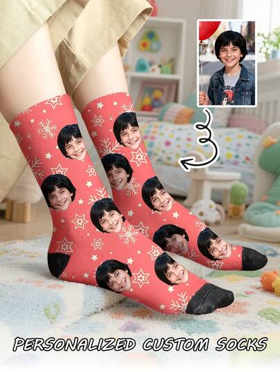 1 Pair Of Christmas Design Customized Face Boy's Front Printed Mid Tube Socks, Couple Socks, Personalized Photo Matching, Funny Couple Socks, Comfortable And Breathable, Creative Cartoon Design, Perfect Holiday, Birthday, Valentine's Day Gifts, Funny, Crazy, Anime, Multi-Color Socks