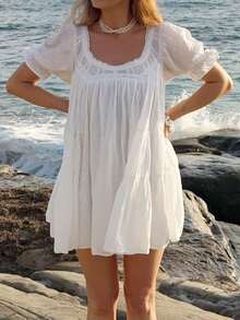 Baby Doll Mini Dress For Women Summer Solid Color Loose Bubble Short Sleeve Scoop Neck Dress - trắng - Xem 1