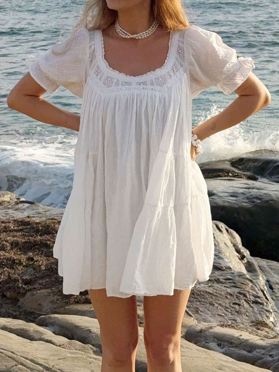 Baby Doll Mini Dress For Women Summer Solid Color Loose Bubble Short Sleeve Scoop Neck Dress - trắng - Xem 1