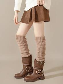 زوج من جوارب الساق الطويلة من الفليس المرجاني، دافئة وسميكة للخريف/الشتاء، حماية للركبة